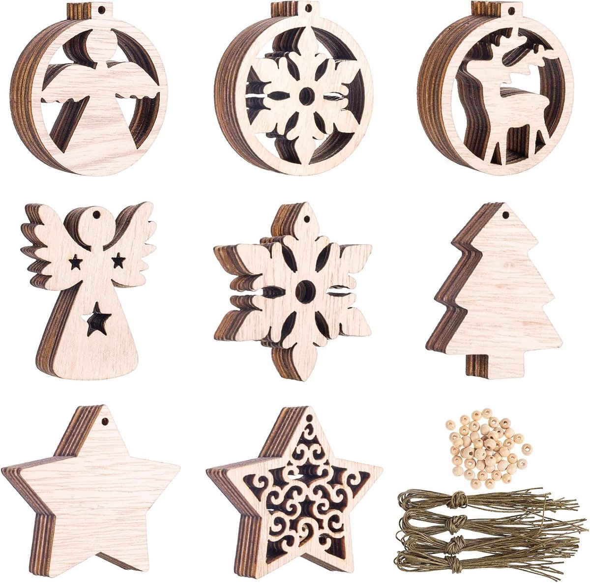 Houten kerstornamenten 48 stuks - kerstballen, sneeuwvlokken, engel en ster - DIY decoratie voor kerst - ShopVlot