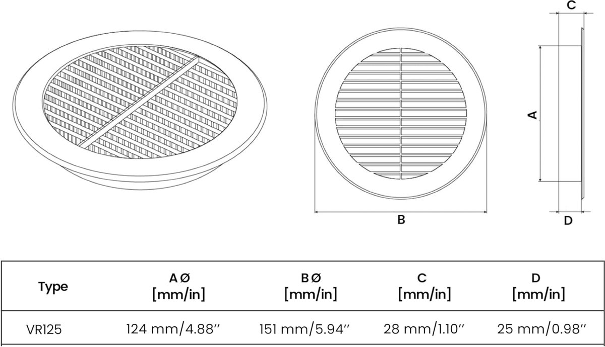 Ventilatierooster Ø 125 mm - Kunststof - Insectenbescherming - Ideaal voor ventilatie - ShopVlot
