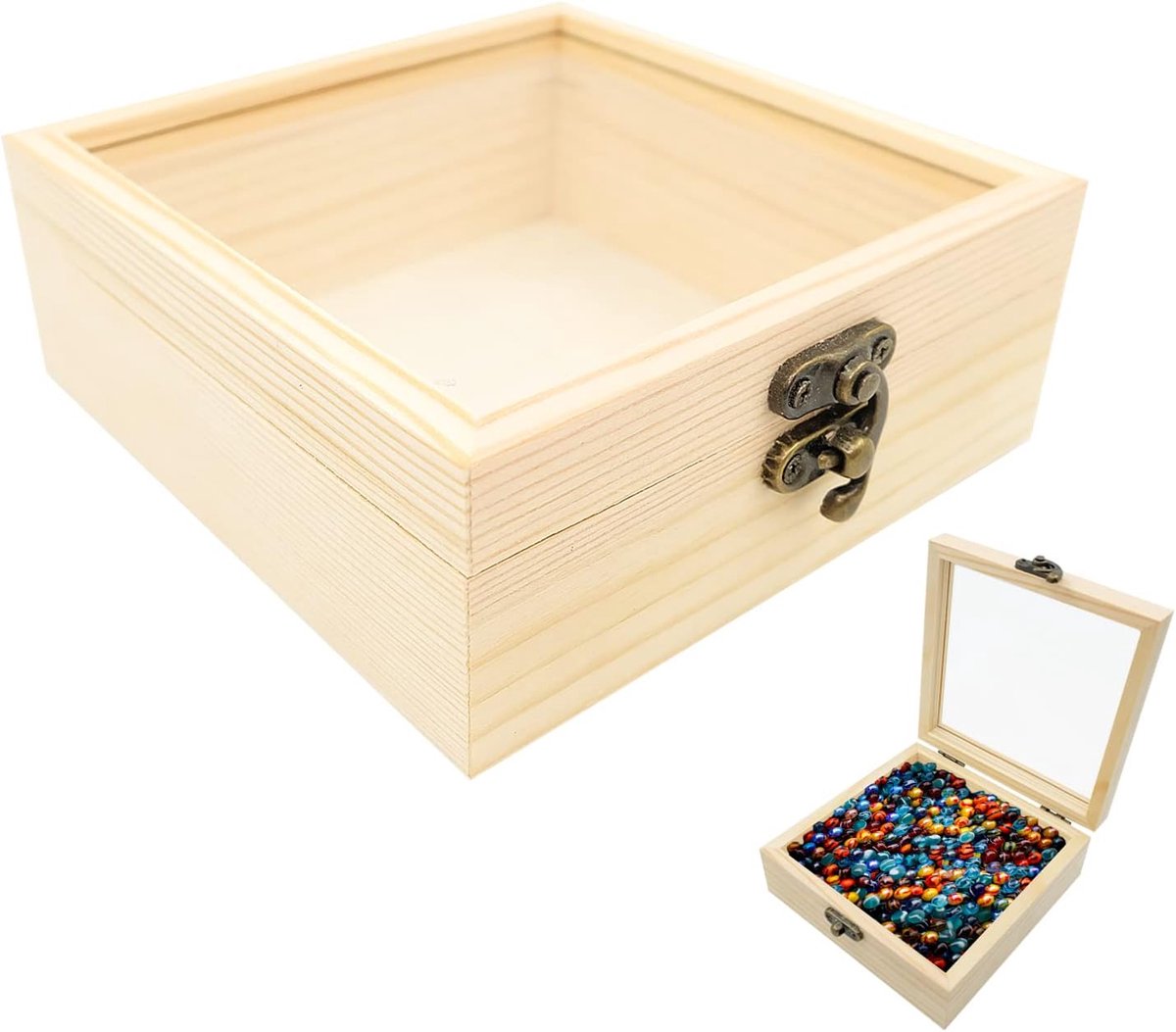 Sieradenbox Hout 12x12cm - Houten Opbergbak - Transparant Deksel - Voor Sieraden en Kleine Items - ShopVlot