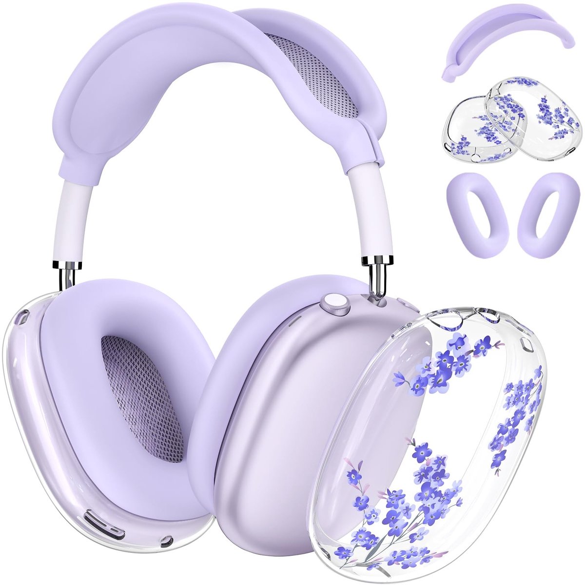 Set van 5 Transparante Siliconen Hoesjes voor AirPods Max Hoofdtelefoon, Beschermende TPU Cases met Bloemenpatroon, Zachte Hoesjes voor Oorkussens, Paars
