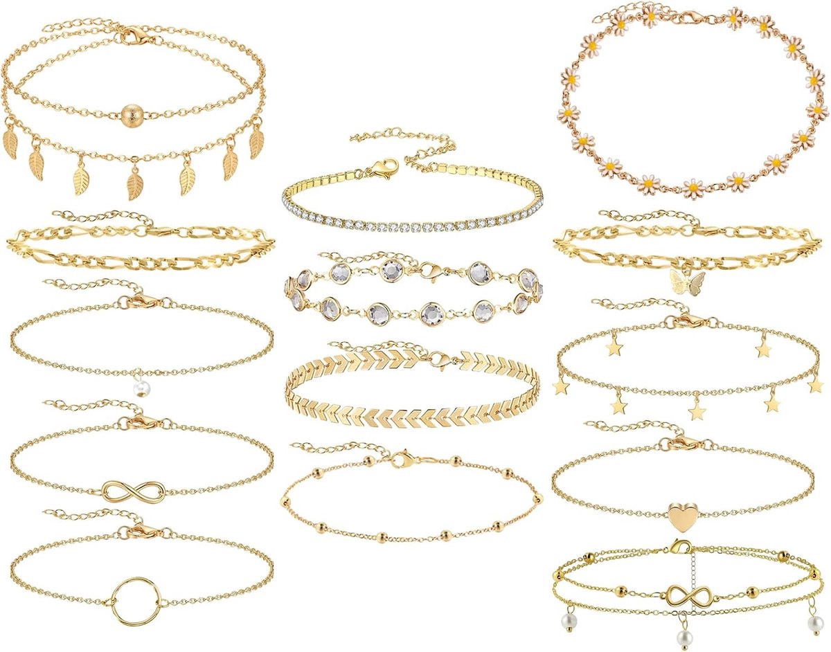 Anklets voor vrouwen 16 stuks - goudkleurig verstelbaar - met bloemen en vlinders - perfect voor het strand - ShopVlot