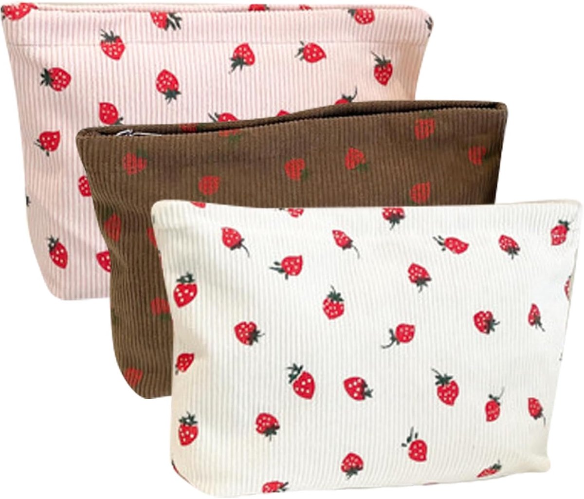 Toilettas 3 Stuks - Aardbeien - Corduroy Stof - Handig voor Reizen - ShopVlot