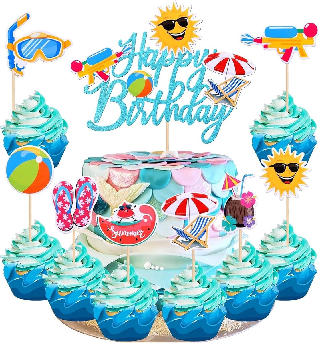 Taartdecoratie strand 25 stuks - Hawaiian cupcake decoratie - vrolijke verjaardag - feestelijke sfeer - ShopVlot