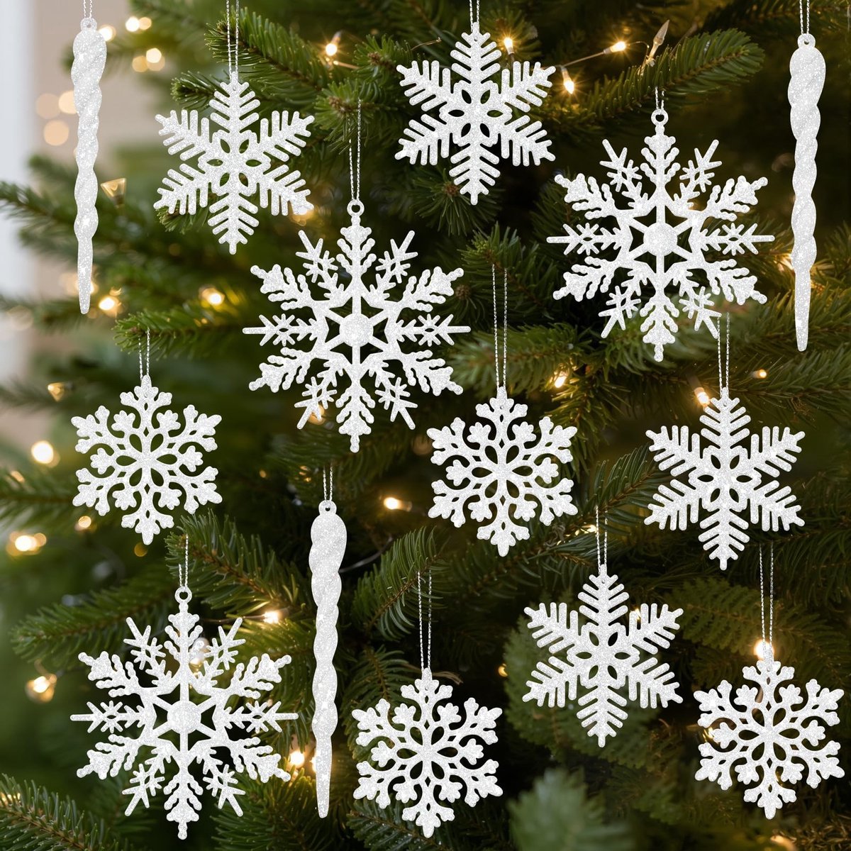Solidchoice - 22 Stuks Hangende Kerstboomdecoraties met Glitter Sneeuwvlokken