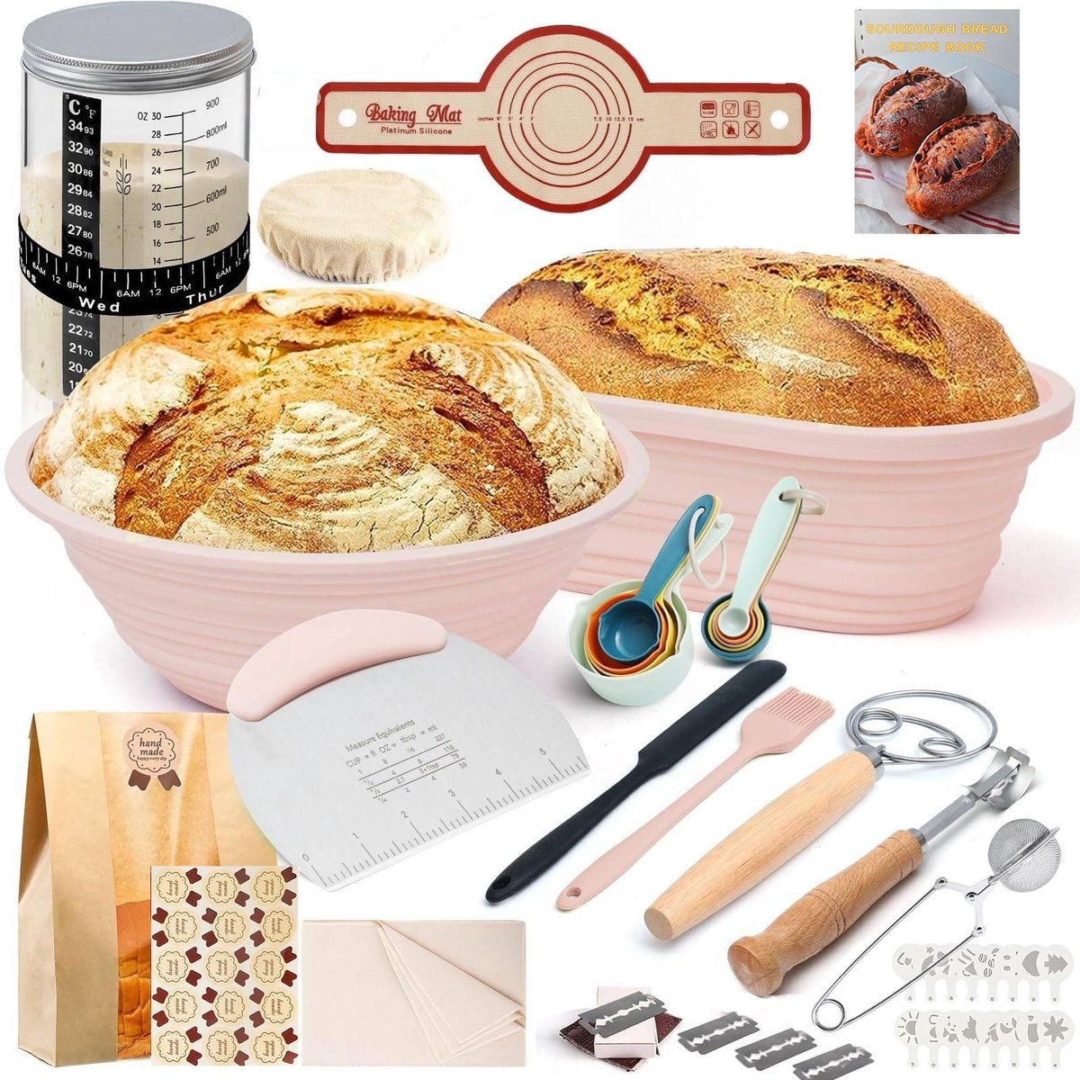 Zuurdeeg starterset 18-delig met 900 ml zuurdeegglas, inklapbare siliconen gistmand (25 cm ovaal en 23 cm rond) - ShopVlot