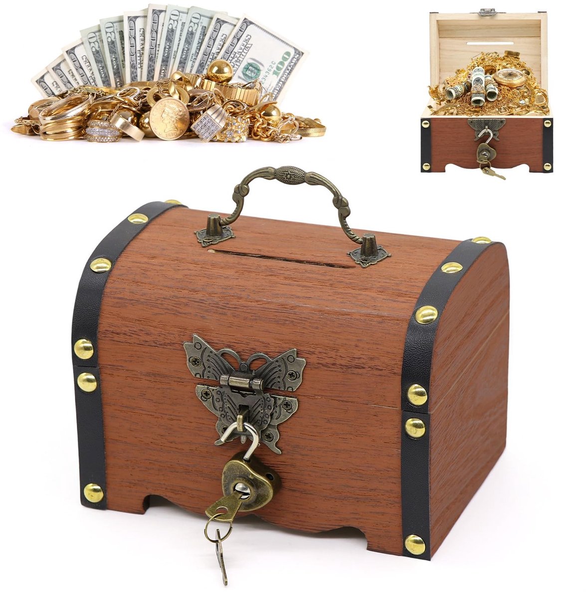 Solidchoice - Vintage Geldkistje voor Kinderen met Sleutel
