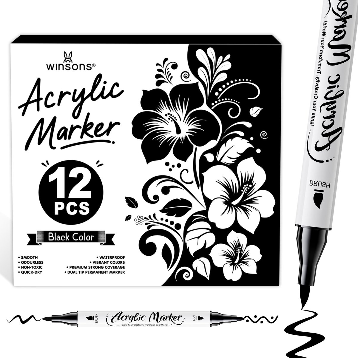 Solidchoice - 12 Stuks Zwarte Acrylverf Markers met Dubbeltip