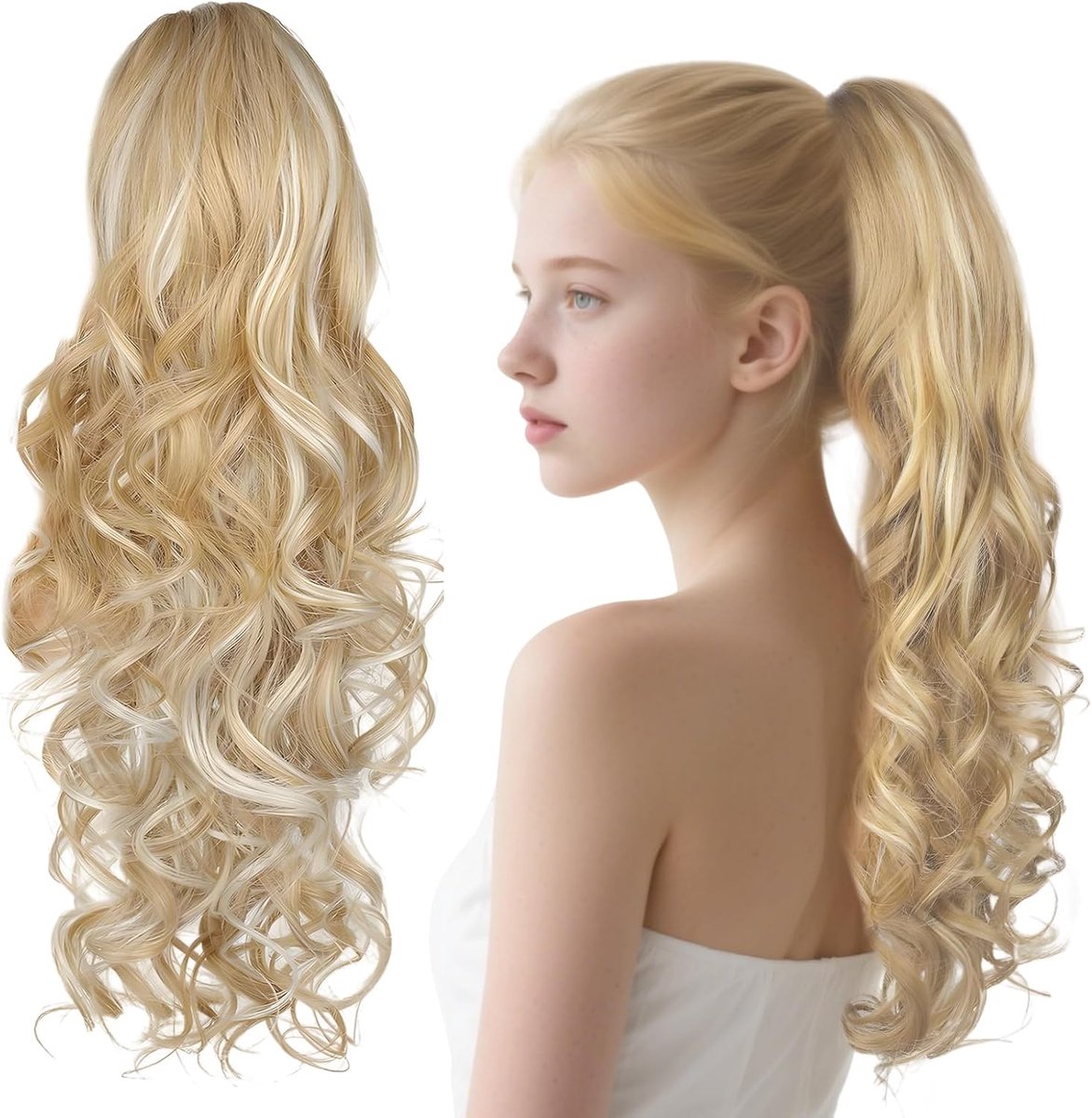 Ponytail Extension 24" - Bruin Wit - Lang Golvend Krullend Haar - Ideaal voor Feesten - ShopVlot
