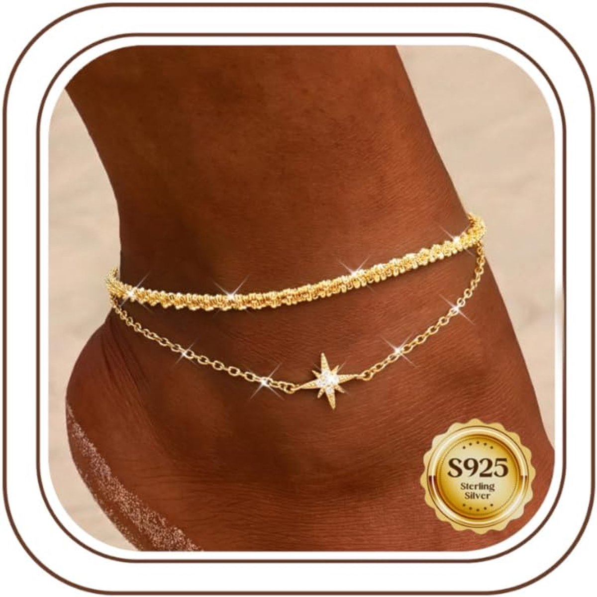Enkelbandje verstelbaar - 925 sterling zilver - gelaagd met vlinder en ster - trendy accessoire voor elke outfit - ShopVlot