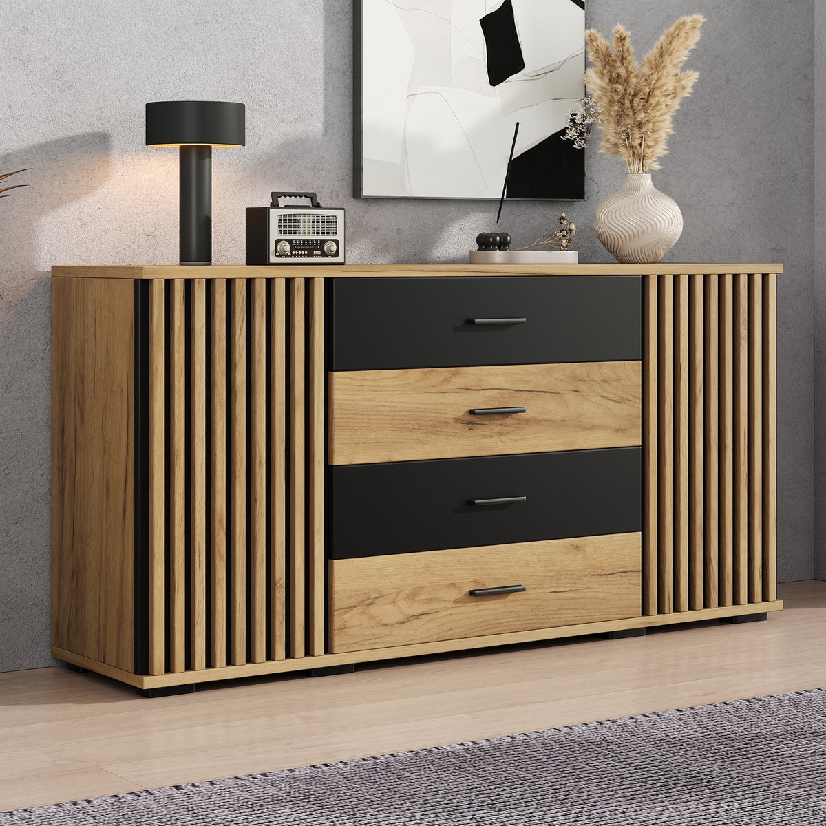 DESMIU Dressoir - Met 4 Lades En 2 Deuren - Verstelbare Planken Voor Woonkamer En Eetkamer - MDF - 140x35x70 Cm - Zwart