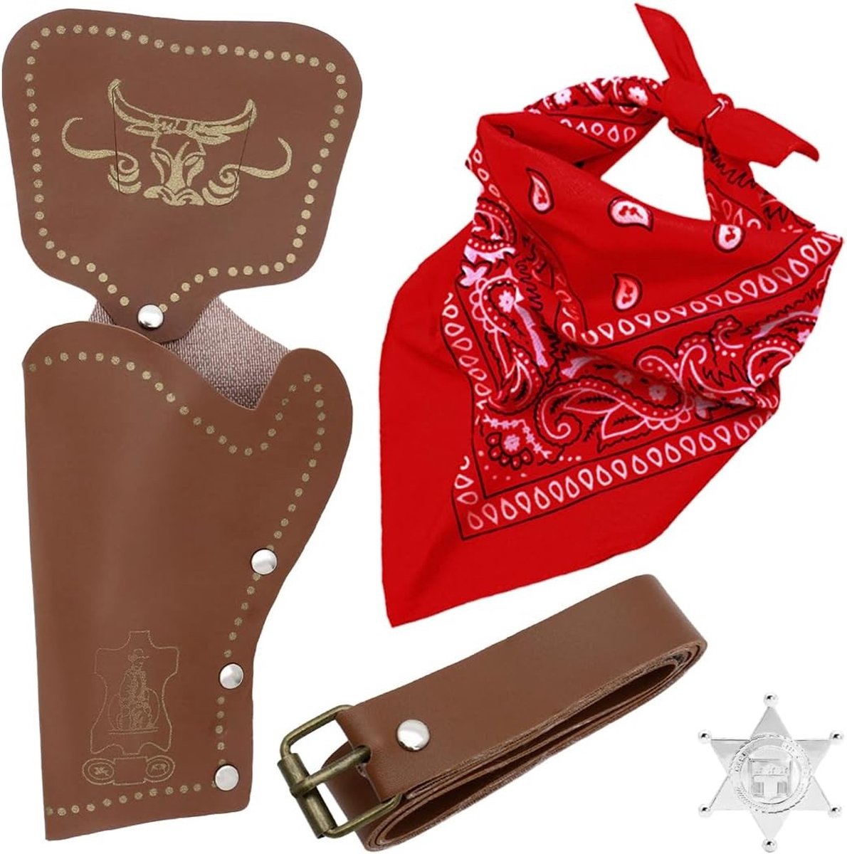 Set van 5 Cowboy Kostuum Accessoires voor Kinderen met Bandana, Riem, Tas en Metalen Badges voor Halloween, Kerst en Carnaval Cosplay