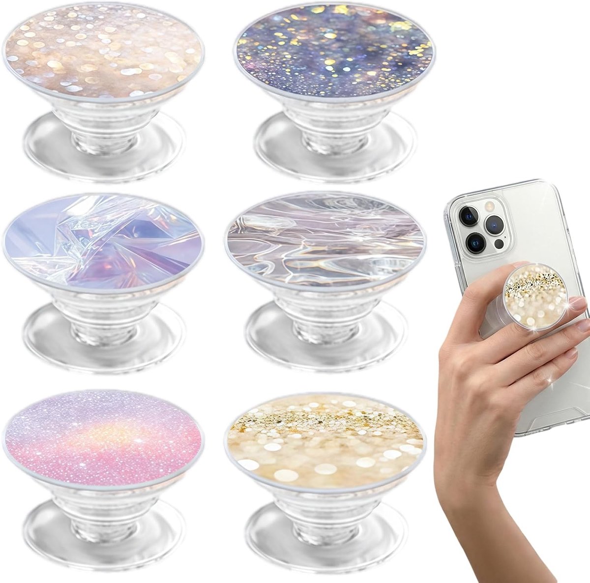 Set van 6 Mobiele Telefoon Ringhouders, Hoogwaardige 360° Rotatie, Veilige Grip, Comfortabel en Praktisch voor Smartphone en Tablet, Vouwbaar en Uittrekbaar