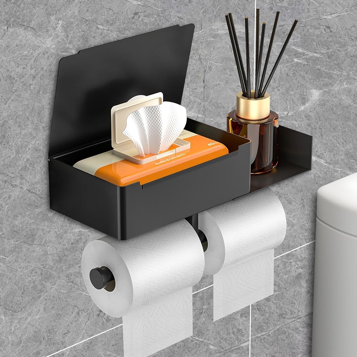 Toiletpapierhouder zonder boren - zwart - met plank en tissuehouder - geschikt voor badkamer en keuken - ShopVlot
