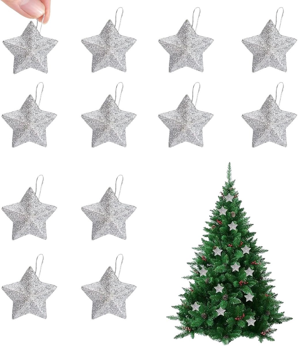12 stuks kerstboomster decoratie - kerstversiering, boomversiering, hangende sterren in zilver