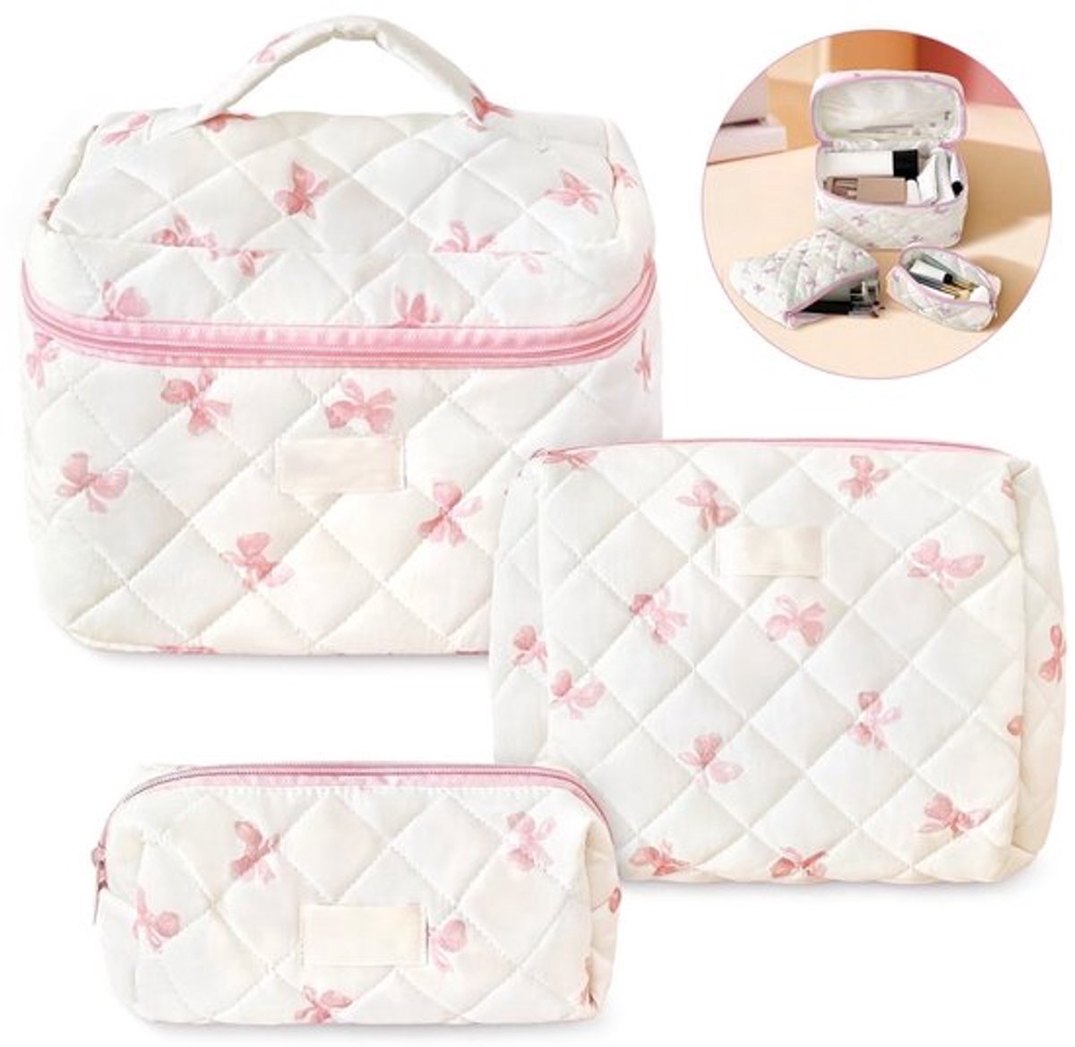 Make-up tasjesset, grote gewatteerde make-up tasjesset, make-up tasjes voor dames en meisjes, schattige katoenen toilettasjesset met strikjes, 3-delig.