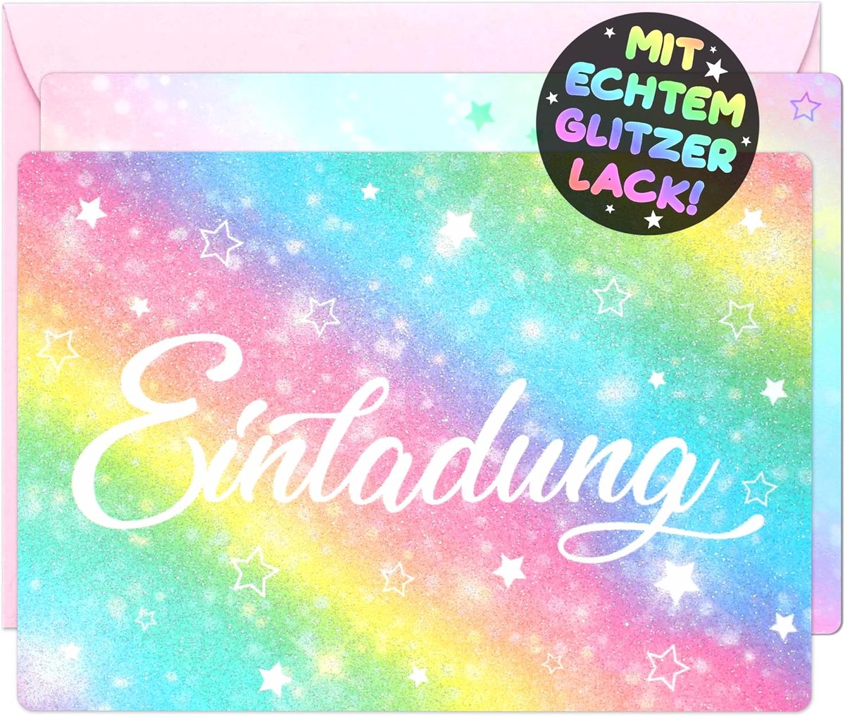 uitnodigingskaarten 12x glitter regenboog - met 12 enveloppen - voor kinderfeestjes - kleurrijke feest uitnodigingen - ShopVlot