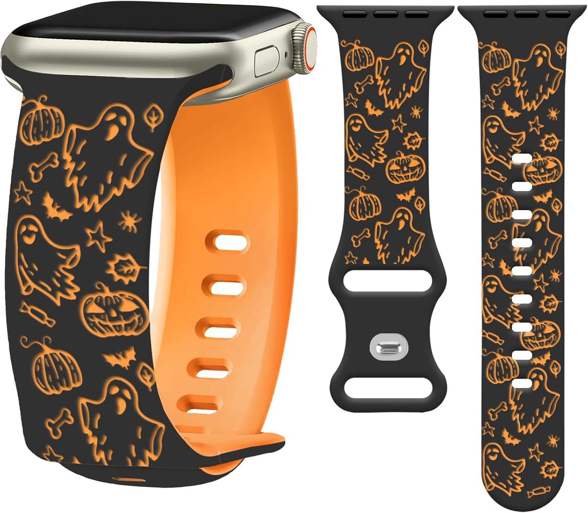 Two Colors Halloween Engraving Bracelet Compatible with Apple Watch Strap 42/44/45/46/49mm, Butterfly Buckle Silicone - ShopVlot