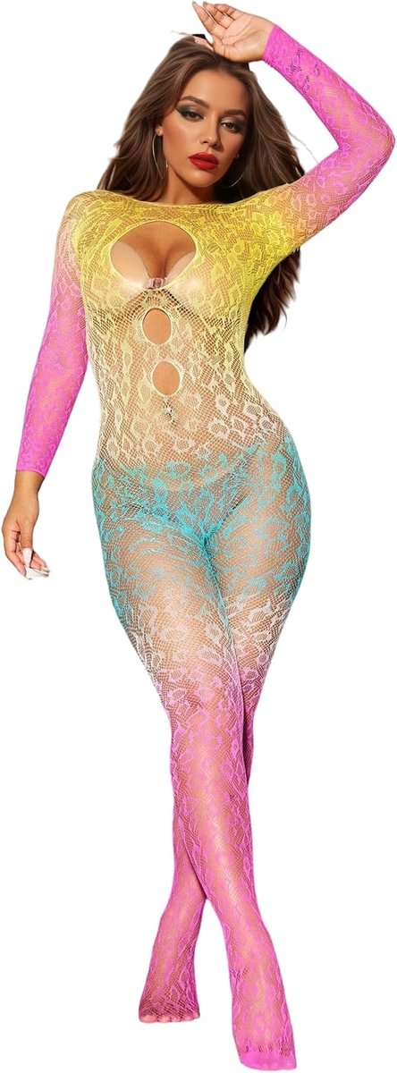 V-Ting Rainbow Festival Outfit Women's Net Bodystocking Fishnet Stockings Catsuit Overt Bodysuits Sexy Tights - ShopVlot