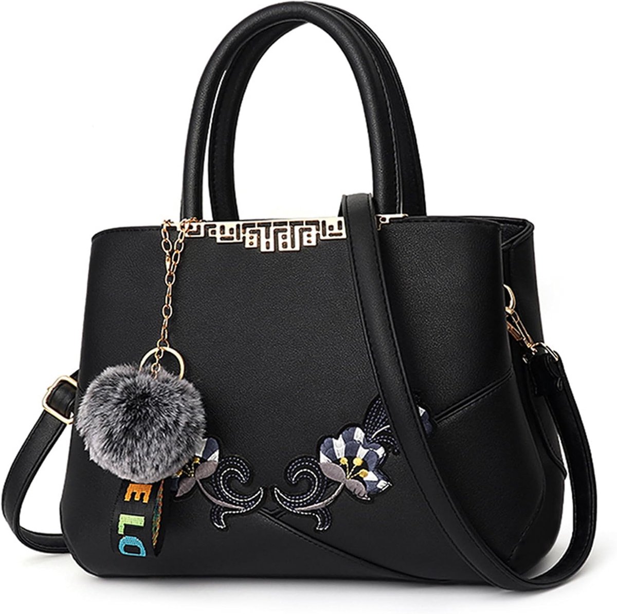 Women Handbags Embroidery Top Handle Handbags Cute Pompom Travel Casual Tote Bag Shoulder Bag PU Leather Fashion - ShopVlot