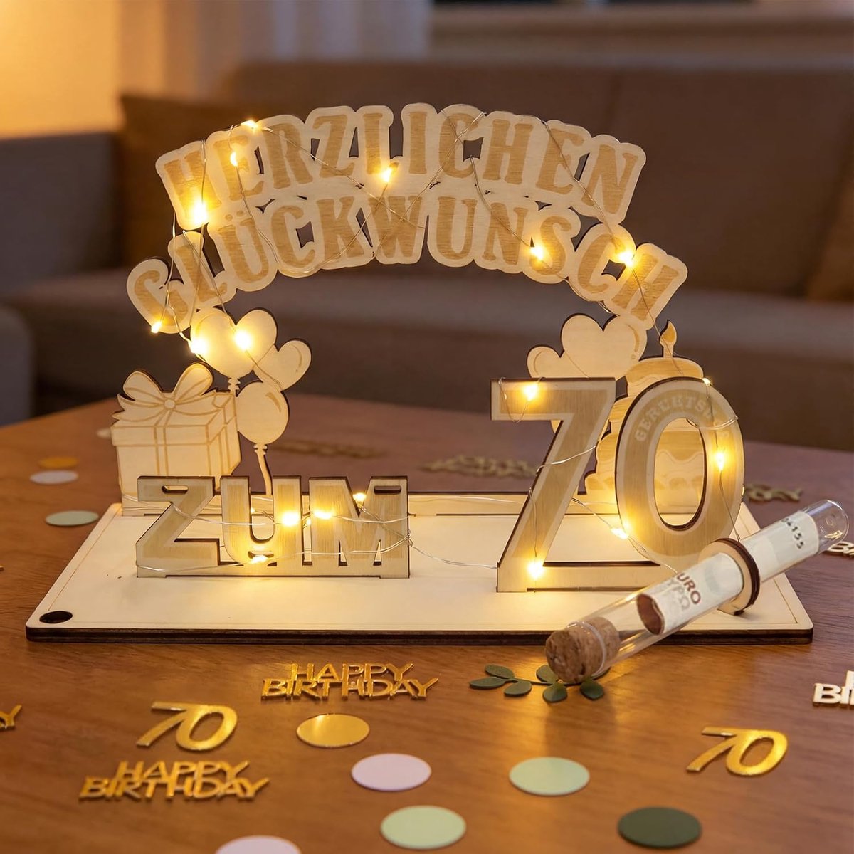 KingYH Geldgeschenken verjaardag vrouw man 70 gepersonaliseerde geschenken houten bord gastenboek met 3M LED - ShopVlot