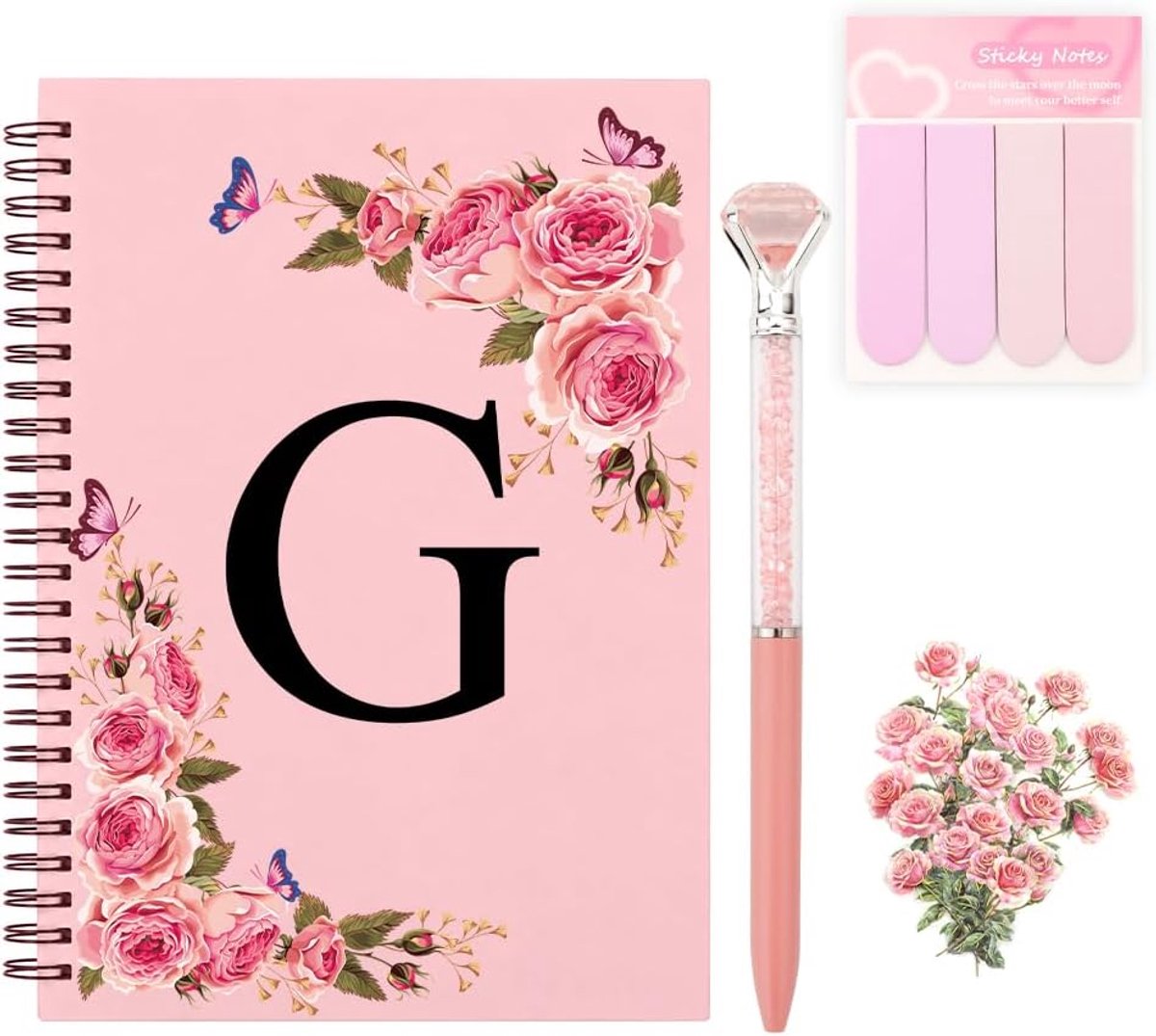 Notitieboek A5 met Initiaal - Bloemen Journal - Inclusief Diamantpen en Stickers - Persoonlijk Cadeau voor Vrouw - ShopVlot