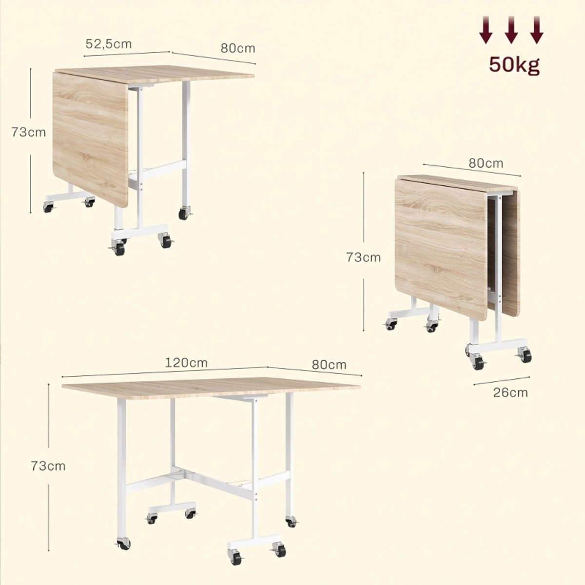 DESMIU Eettafel - Opklapbaar En Uitschuifbaar Voor 6 Personen - Voor Kleine Ruimtes En Diners - Hout En Metaal - 120x80x73 Cm - Eiken