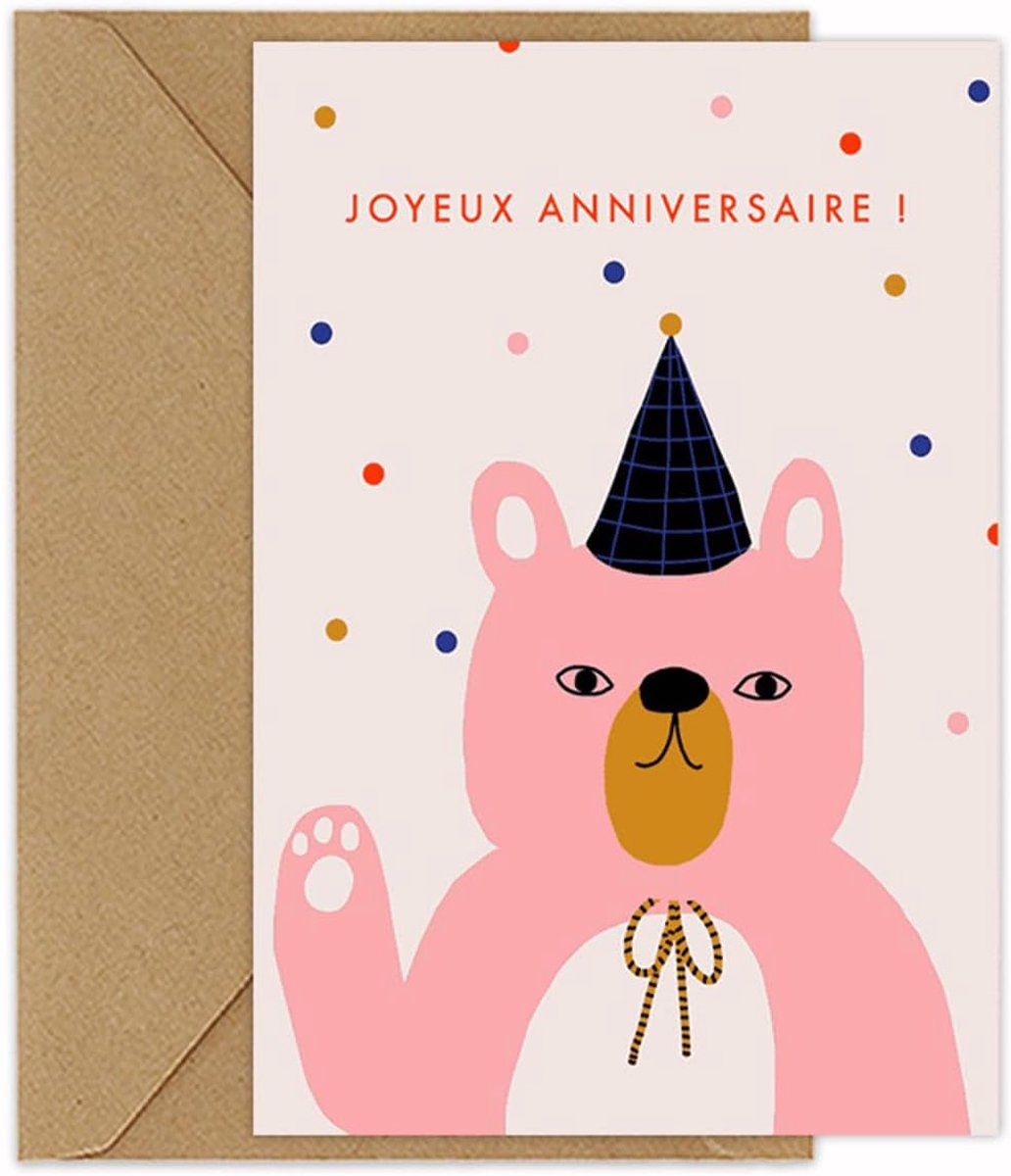 Verjaardagskaart Joyeux Anniversaire! - Met roze beer en feesthoed - Speelse kaart voor kinderen - ShopVlot