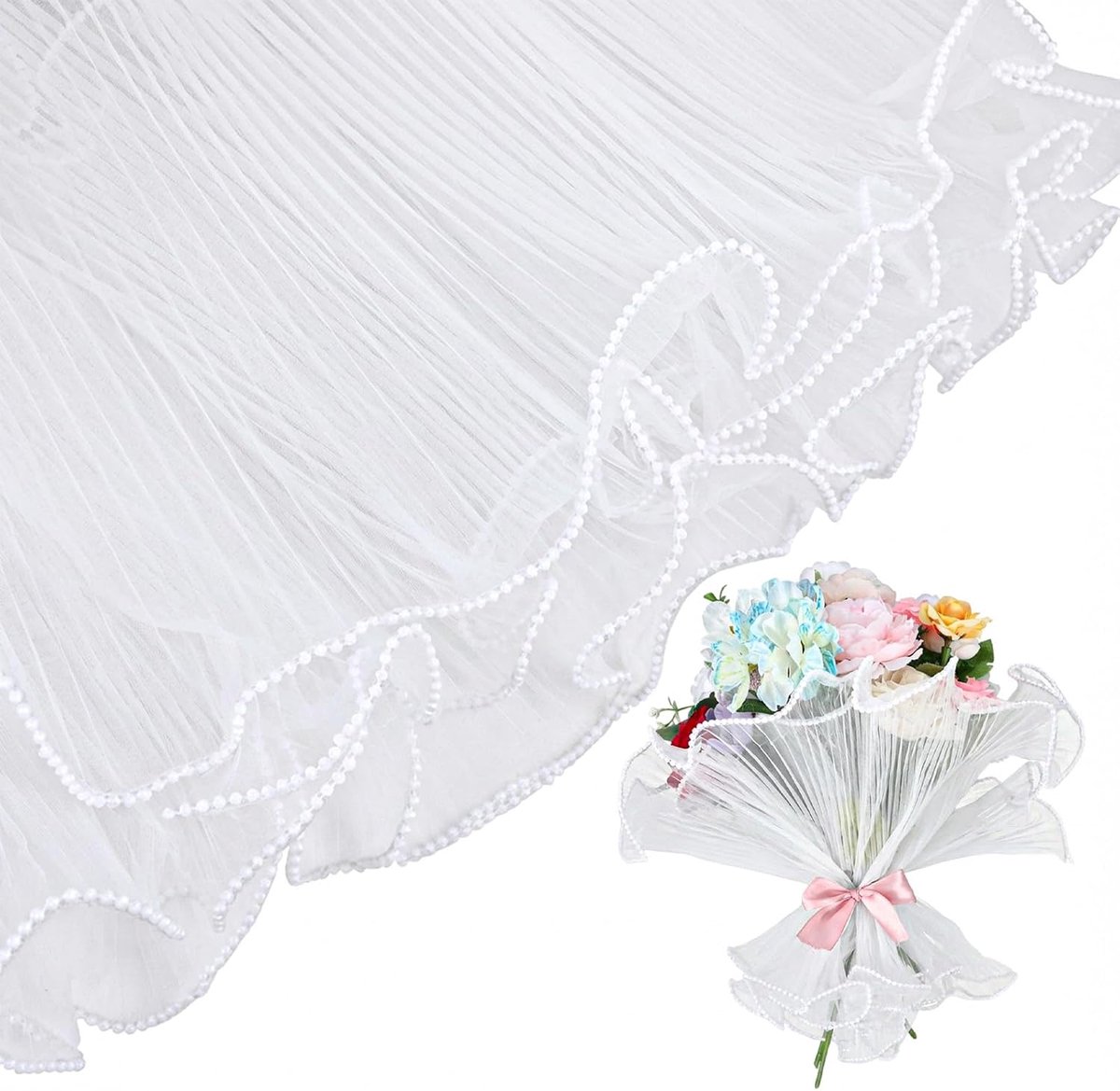 Bloemenpapier 365 cm lang - wit - crêpepapier met parelrand - perfect voor bruiloften - ShopVlot
