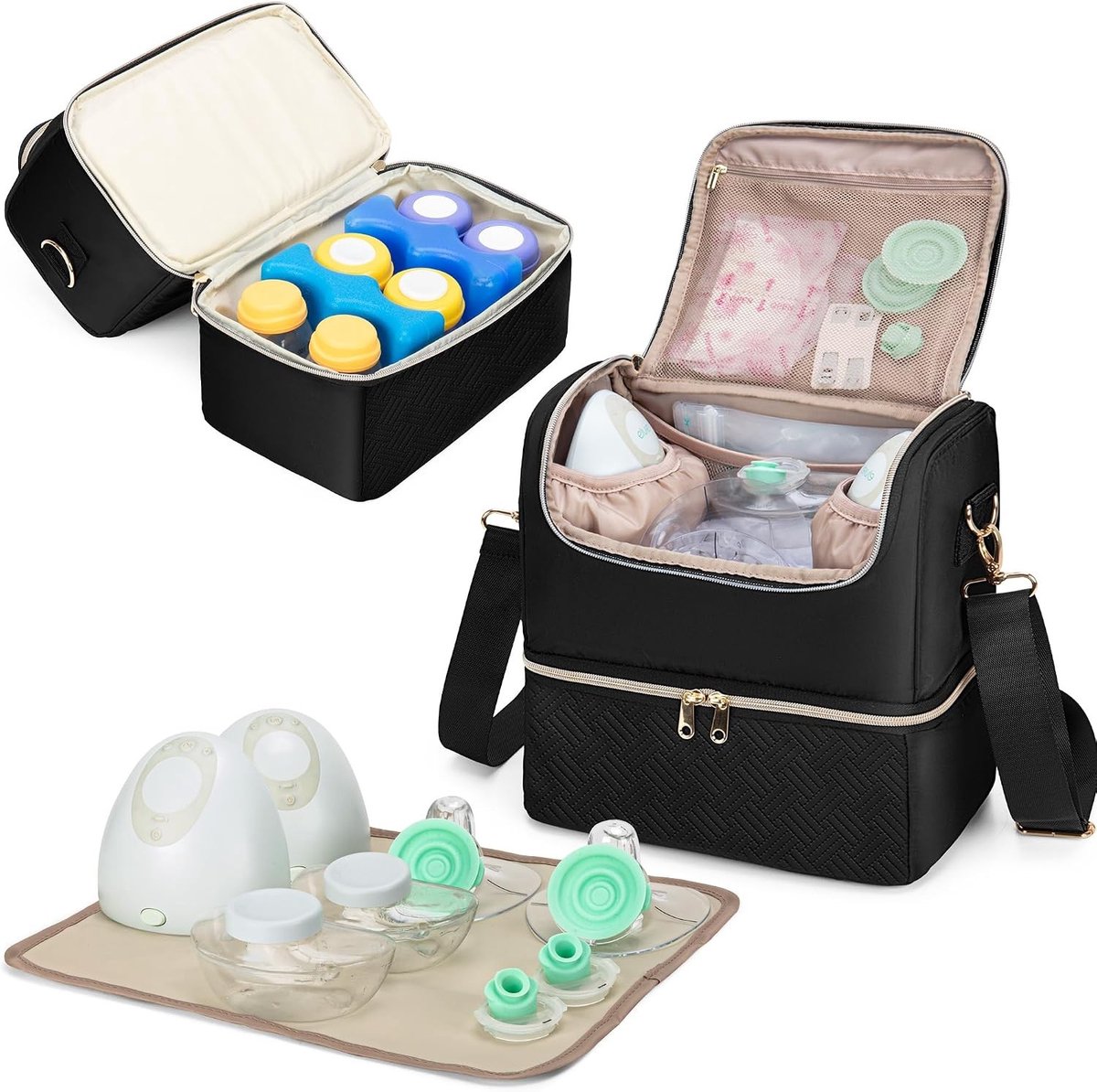 Draagbare Borstkolf Tas met Koelvak voor Borstvoeding, Geschikt voor Medela en Elvie, Inclusief Schouderband en Waterdichte Mat, Ideaal voor Werkende Moeders, Zwart (Lege Tas)