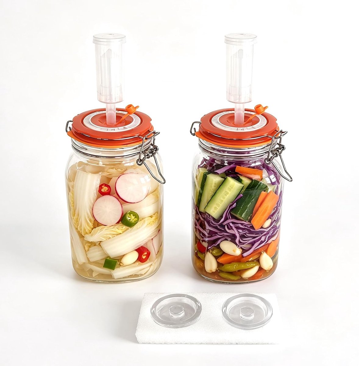 Fermentatieglazen met gistingsventiel, brede mond en gewicht - Set van 2 stuks voor kimchi, zuurdeeg en kefir groenten (1,5 l)