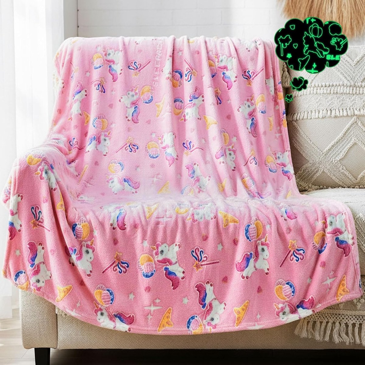 Dekbed glow in the dark 150 x - flonkerend eenhoorn - fluffy flanel fleece - voor een magische slaapkamer - ShopVlot