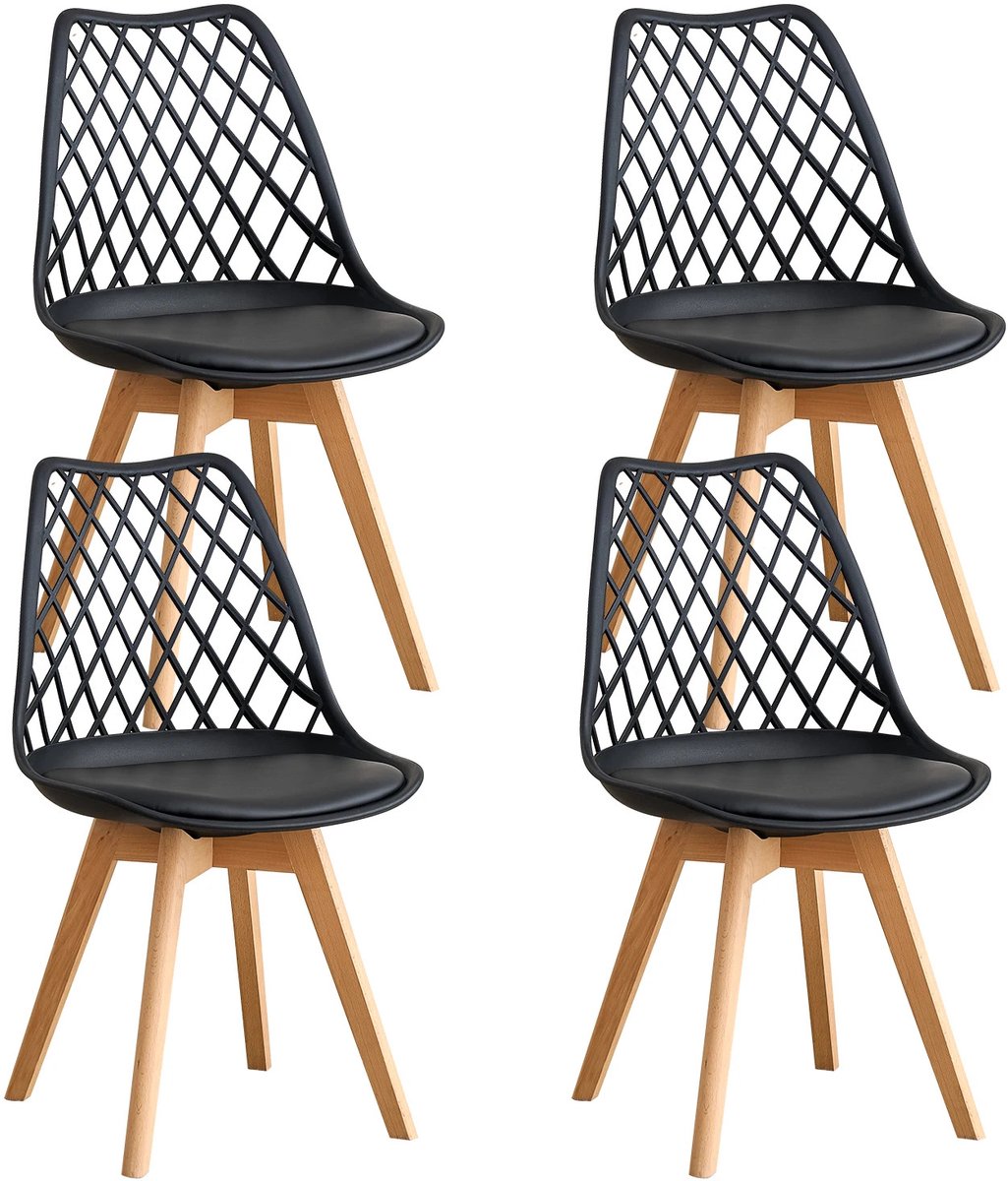 Gudalio Eetkamerstoelen - Set van 4 - Keukenstoelen - Scandinavische stijl - PU Gewatteerde Zitting - Houten poten - Zwart