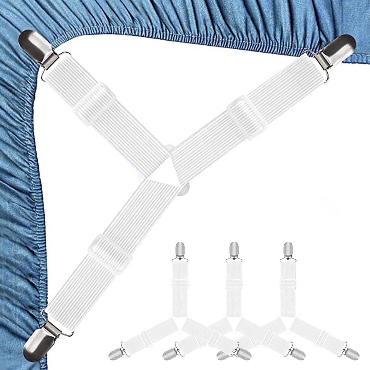 Bedlakenspanners 4 stuks - Verstelbaar met metalen clips - Wit - Houdt beddengoed op zijn plaats - ShopVlot