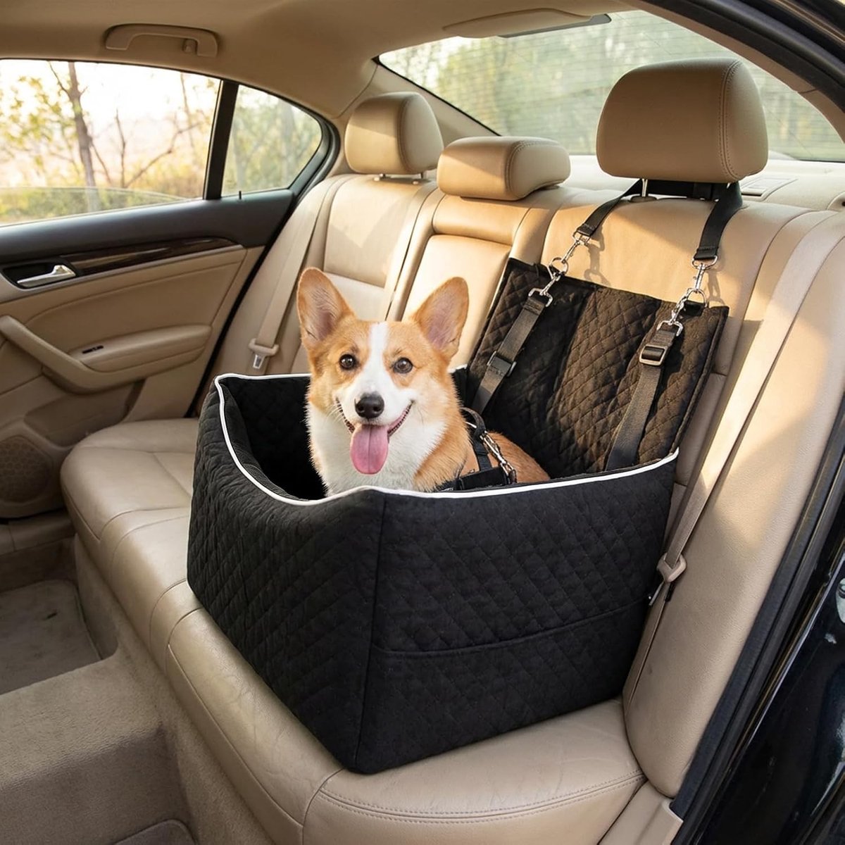 Hondenautostoel - Zwart - 46 x 40 x 46 cm - Wasbare Hondenstoel met Omkeerbaar Kussen - Voor Kleine en Middelgrote Honden tot 15,8 kg