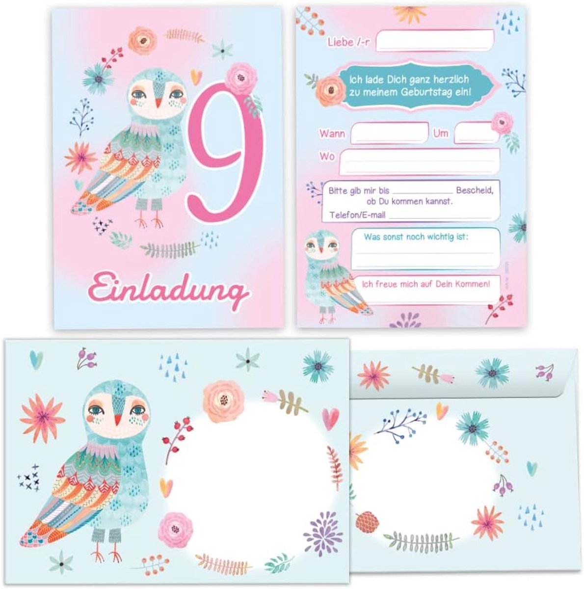 uitnodigingskaarten 12 stuks - 9e verjaardag meisje - uil design - compleet met enveloppen - ShopVlot