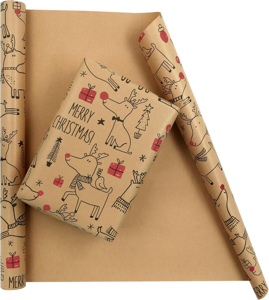 Kerstinpakpapierrol 43 x 300 cm - vintage bruin kraftpapier - herten met groot gewei - ShopVlot