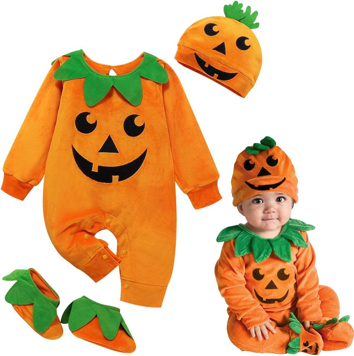 Pompoen kostuum baby - Romper met muts en schoenen - Schattig Halloween outfit - Onvergetelijke momenten - ShopVlot