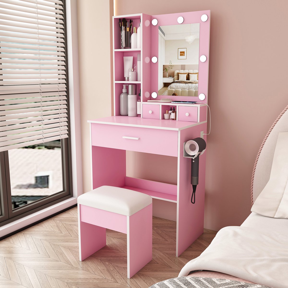 DESMIU Kaptafel Met Spiegel En 3 Lichtstanden LED Verlichting Stopcontact Föhnhouder Lades En Opbergvak 60x38x131,5 Cm MDF Pink