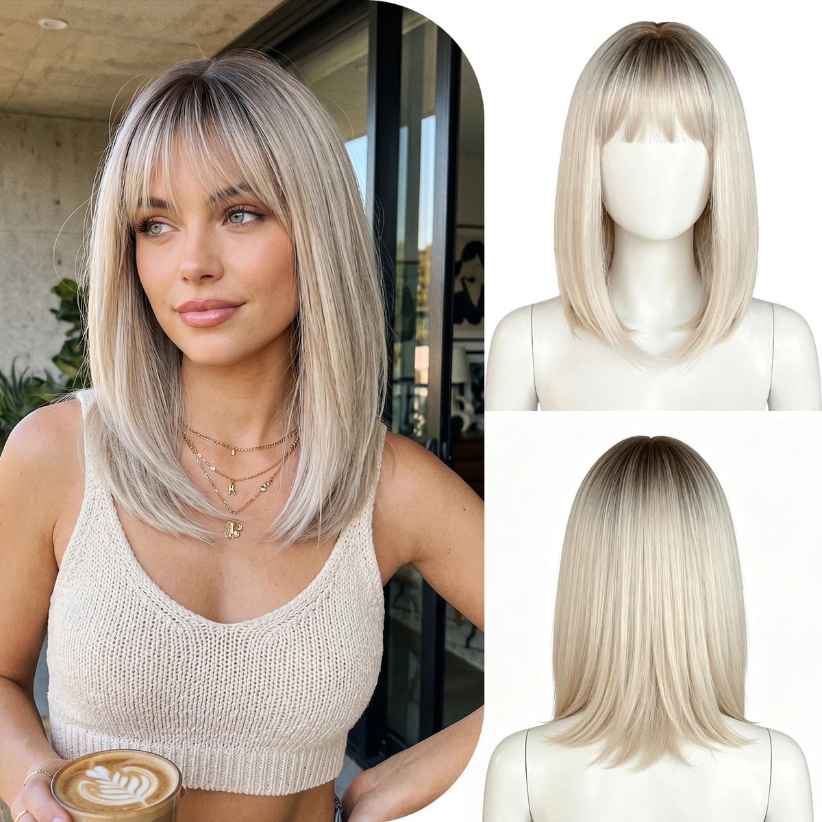 Synthetische Bob Perucque voor Vrouwen - Kort Steil Schouderlang Haar - Gradient Goud - Perfect voor Dagelijks Gebruik - ShopVlot