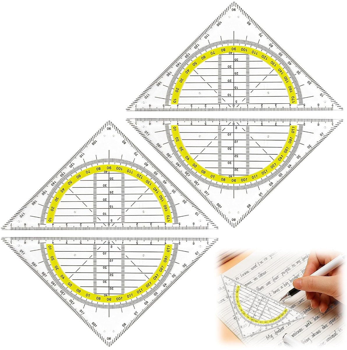 Geodriehoekset, 4 stuks, groot en transparant met gele schaal, onbreekbare kunststof, voor school, studie, kantoor - ShopVlot