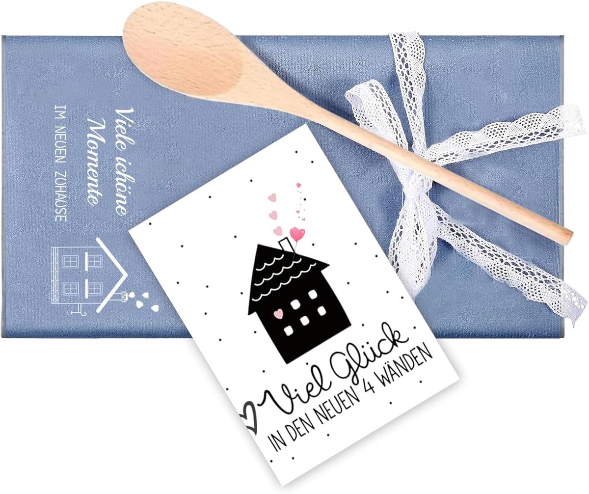 Cadeau voor een housewarming theedoek met houten kooklepel wenskaart & decoratielint nieuw huis woning & verhuizing - ShopVlot