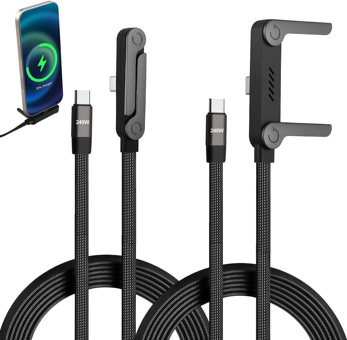 2 stuks USB-C-oplaadkabel, 240 W, met geïntegreerde opvouwbare telefoonhouder, gevlochten snellaadkabel type C, 1,5 m - ShopVlot