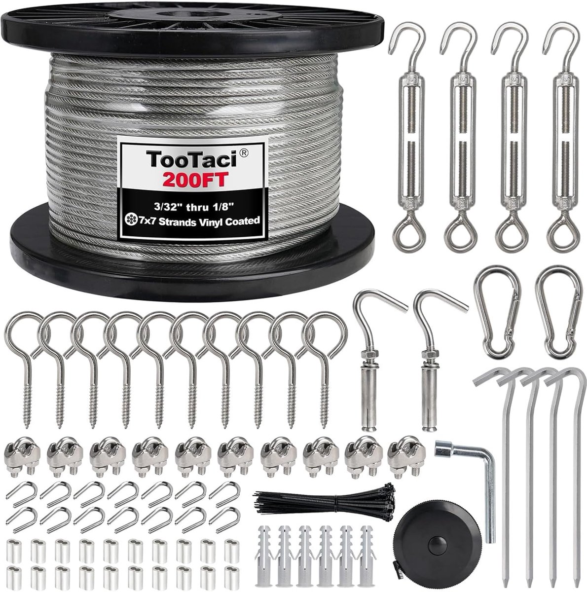 SnelShoppen - 60m 3mm Draad Kabel Kit, Vinyl Gecoate RVS Kabel, 7x7 Strengen, M5 Spankabels voor Hangende Lichten, Waslijn en Tuin Gordijn