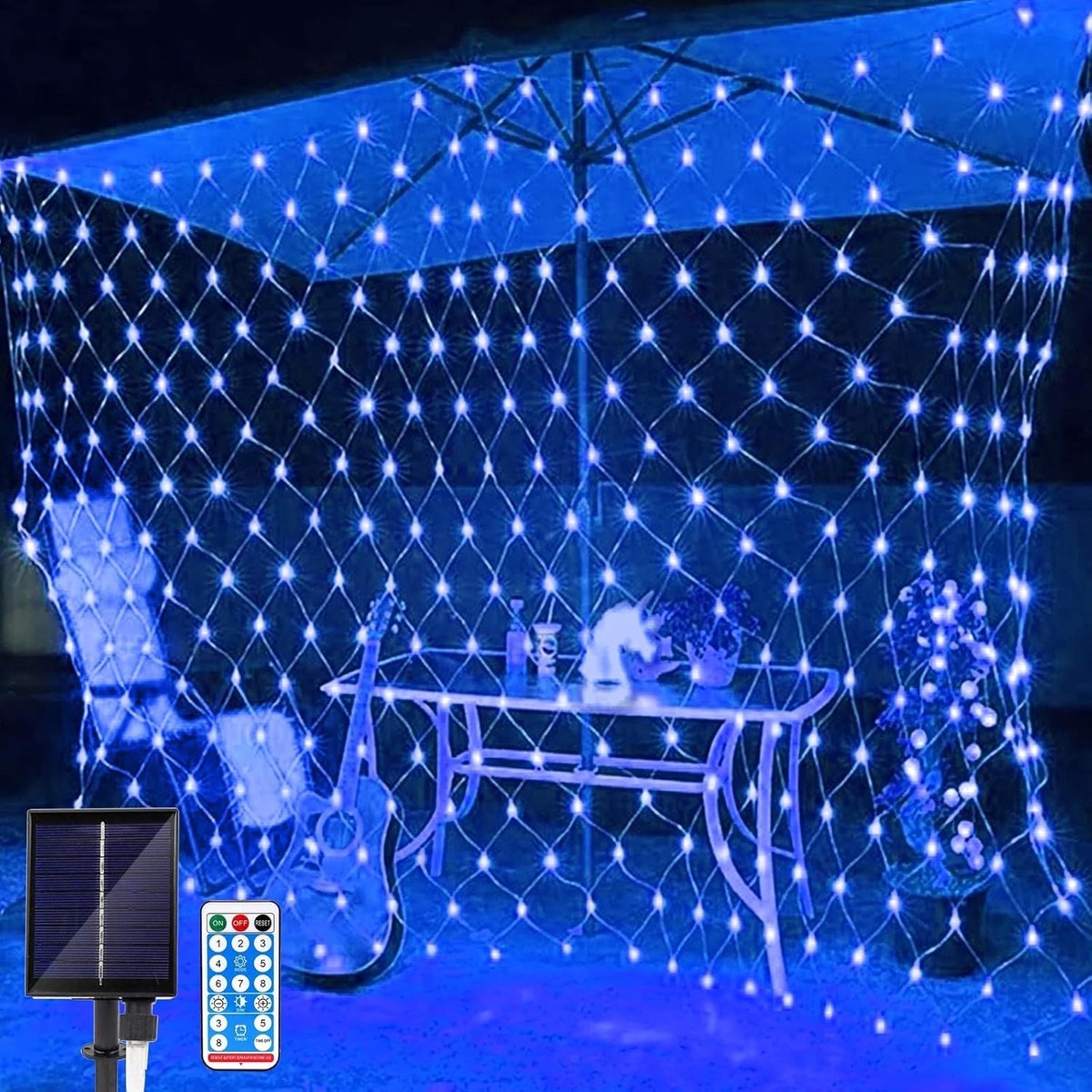 Solar Mains Lights - 1.5 x 1.5m Mesh Fairy Lights, 96 LEDs, Waterproof for Outdoors, with 8 Lighting Modes, Remote - ShopVlot