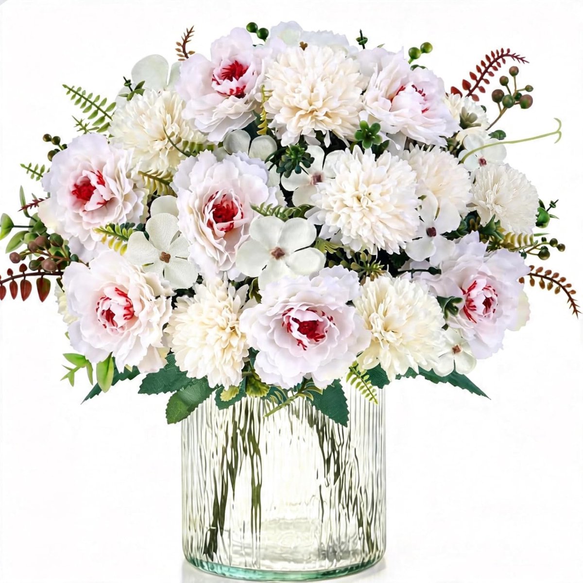 4pcs Kunstboeket, kunstpioenen, kunstbolchrysanten wit - ShopVlot