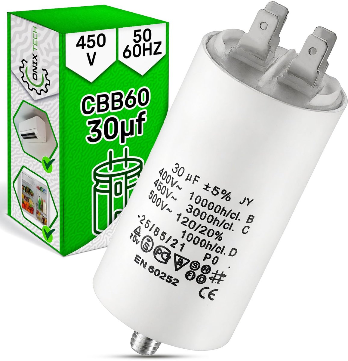 Starting capacitor with a capacity of 30 µf and a rated voltage of 450 V, type CBB60. ONIX TECH - ShopVlot