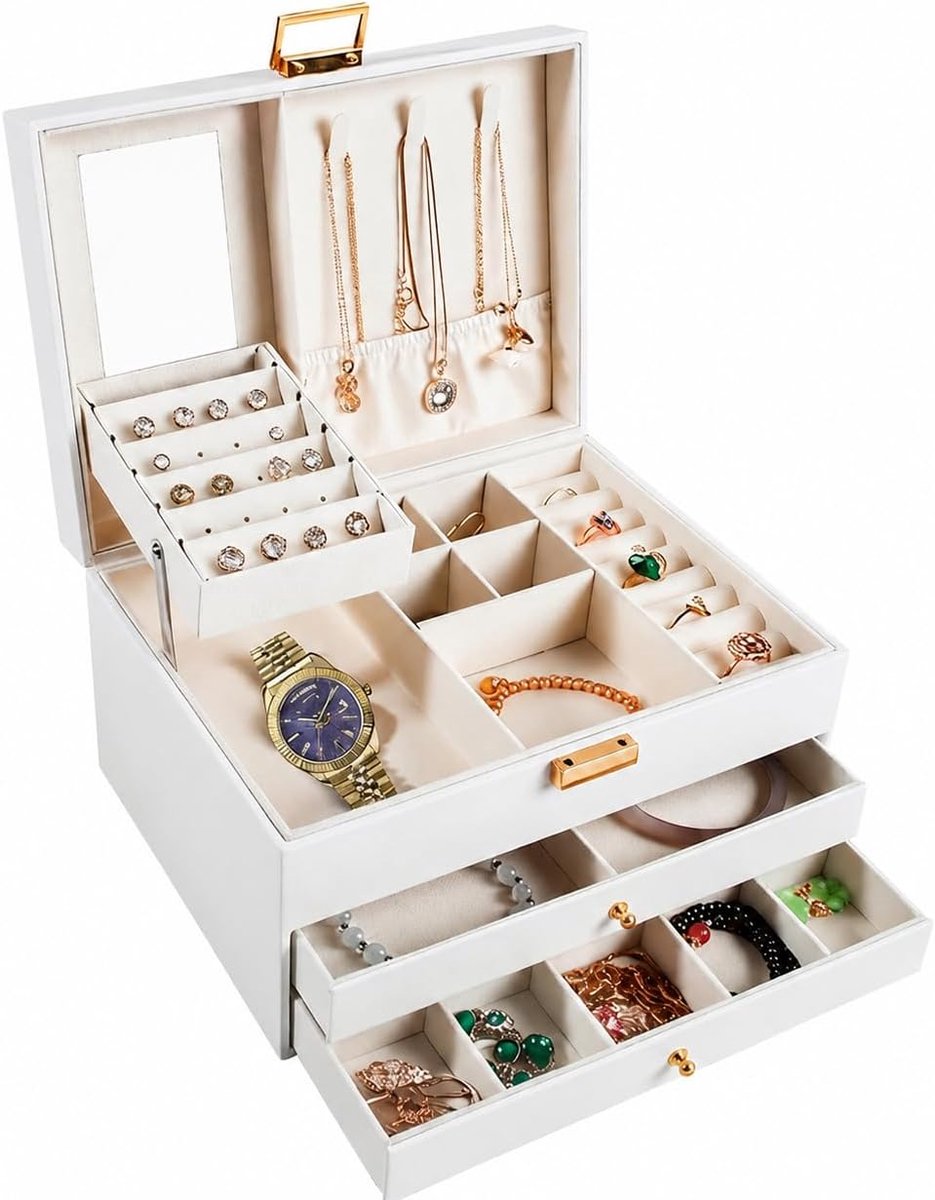 SnelShoppen - Grote Reiskosmetiekdoos voor Dames met Spiegel en Meerdere Compartimenten, Luxe Sieraden Organizer in Beige PU Hout voor Sieraden, Halsk