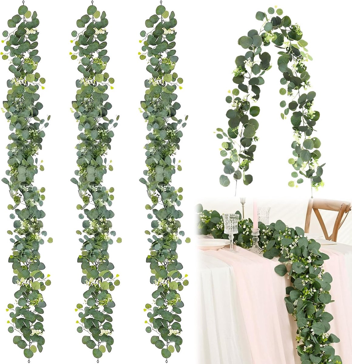 4-delige eucalyptus slinger ranken kunstmatige eucalyptus slinger hangende groene eucalyptus bladdrank met witte - ShopVlot