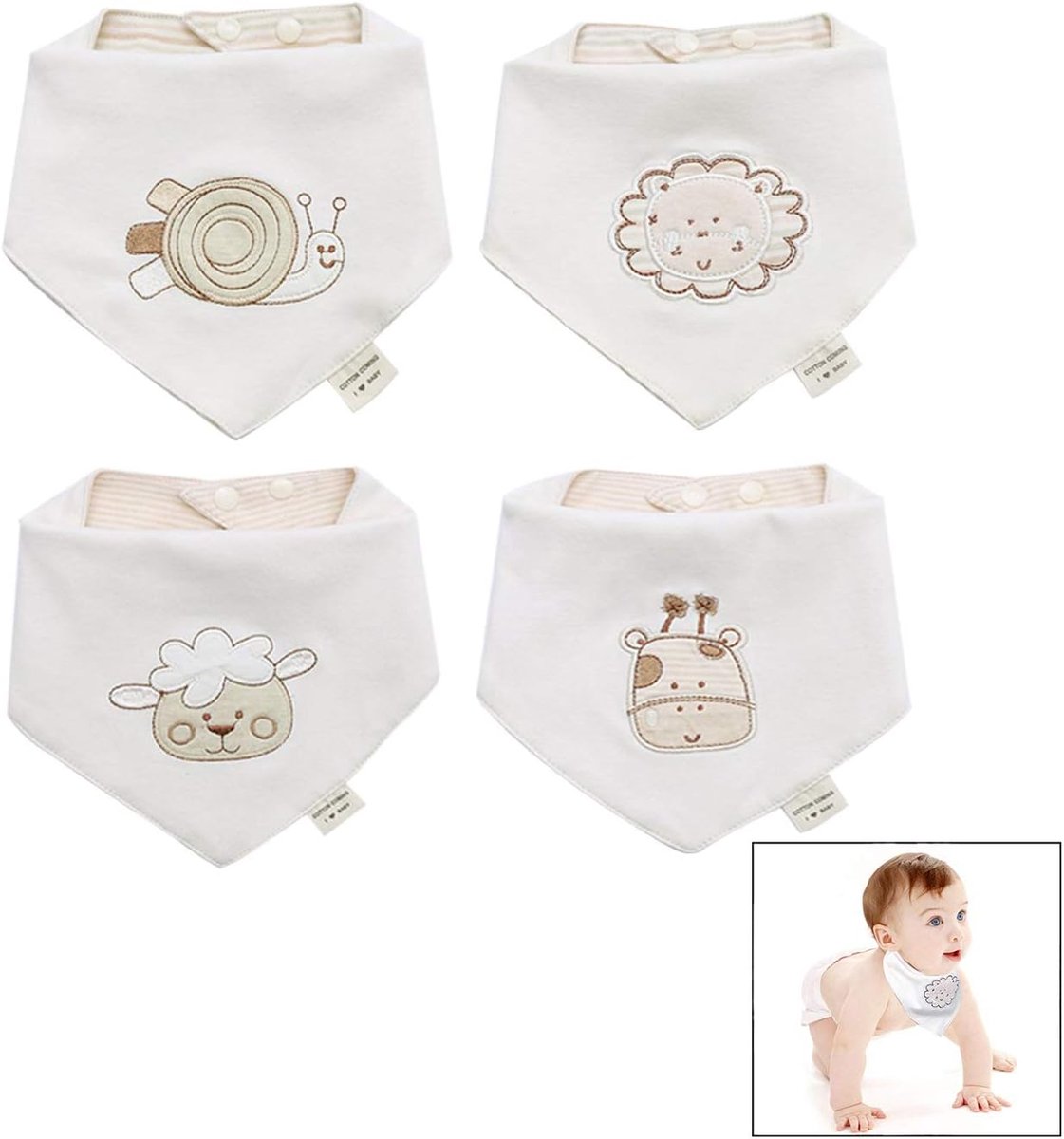 iwobi Baby Triangular Cloth 4-Piece Absorbent Soft Burp Cloth Cotton Neckerchiefs with Snap Buttons for Baby - ShopVlot