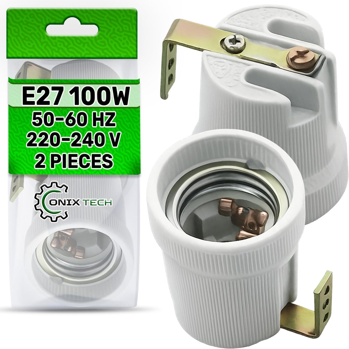 2 x lamphouder E27 van keramiek met metalen houder, max. 100 W, spanning 220-240 V, frequentie 50-60 Hz. ONIX TECH - ShopVlot